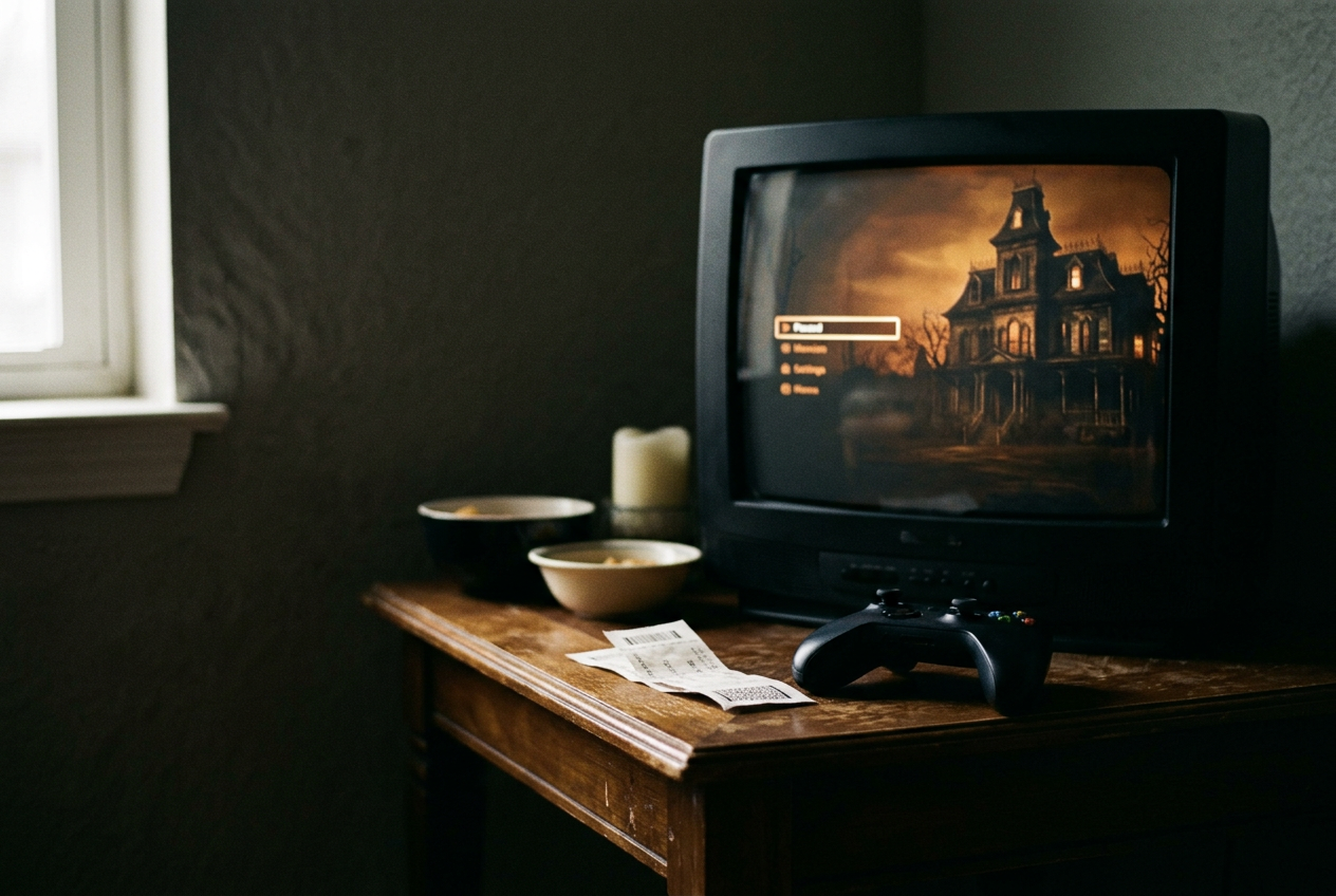 A cinema ticket beside a controller displaying the opening mansion hallway from a Resident Evil game menu.