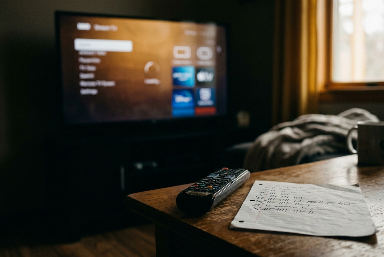 A TV paused on the Stranger Things episode menu beside a remote and handwritten rewatch list.