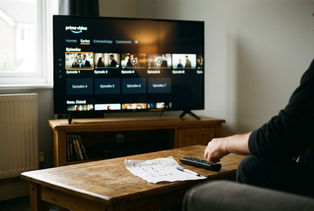 A television displaying Fallout’s Prime Video episode menu beside a remote and a handwritten five-episode checklist.