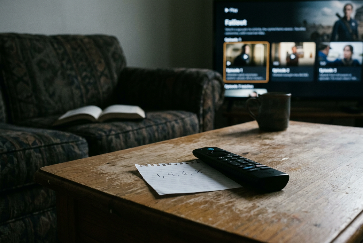 A TV on the Fallout episode menu beside a remote and a note marking episodes 1, 4, 6, and 8.