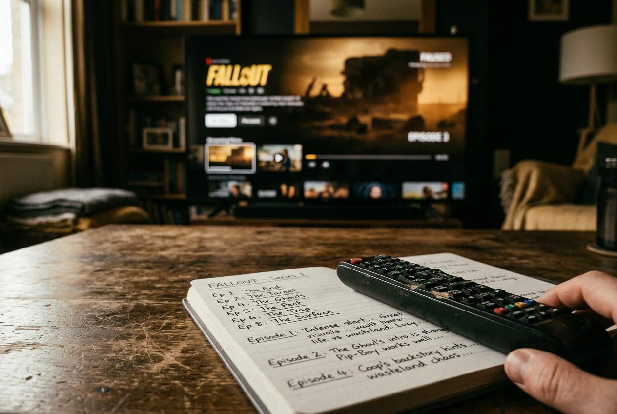 A television paused on a Prime Video episode menu beside a remote and handwritten Fallout rewatch route.