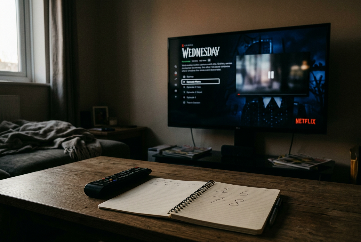 A TV paused on Wednesday’s season-one finale beside a remote and a handwritten four-episode watch list.