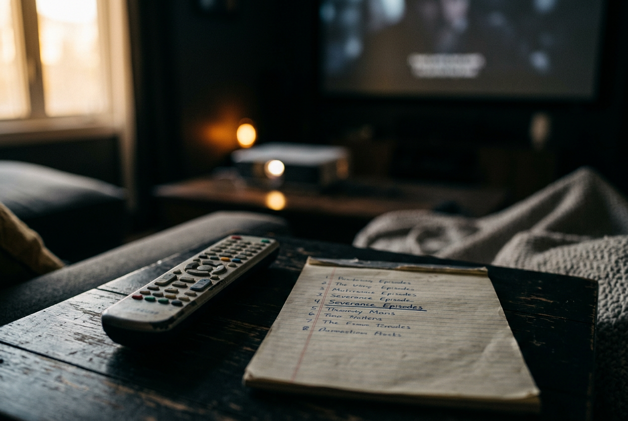 A television remote beside a notebook listing seven Severance season two episode titles.