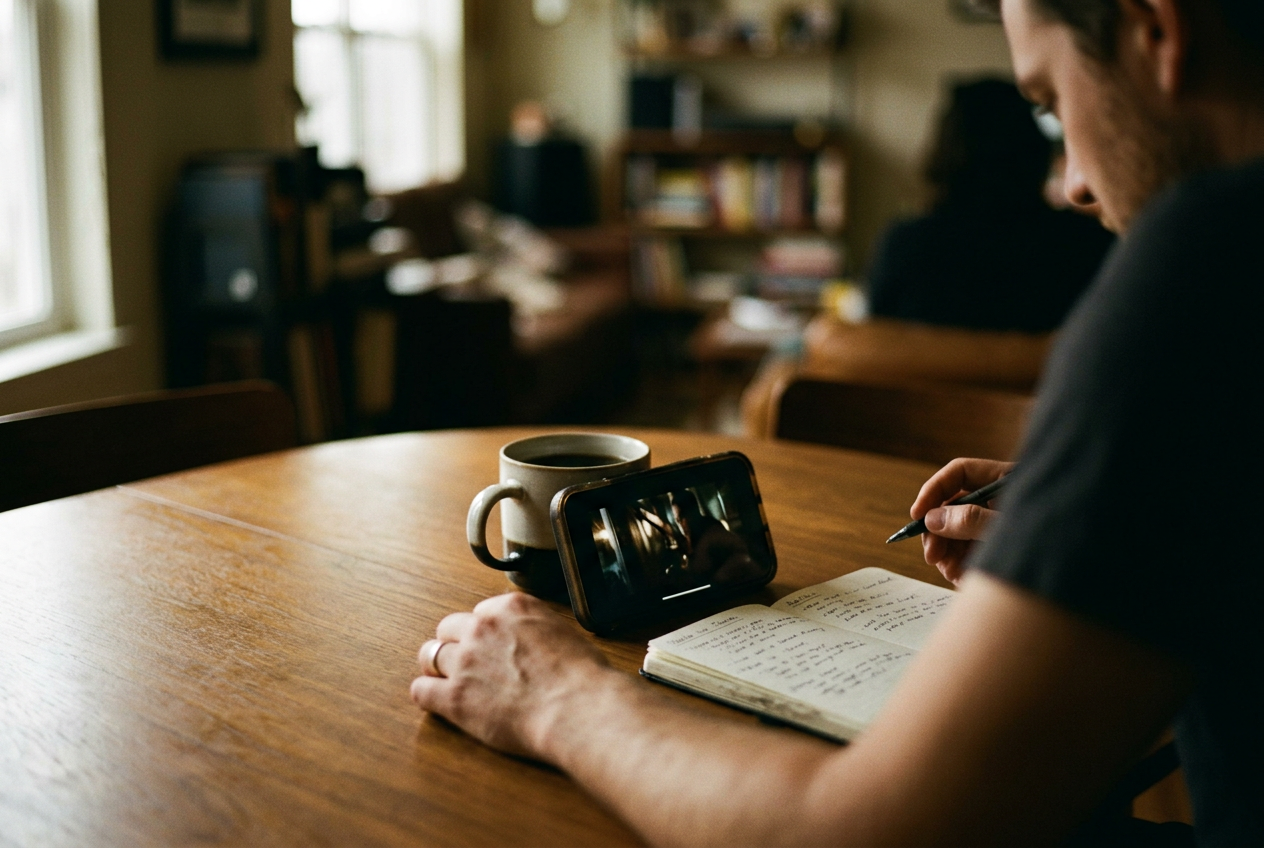 A phone paused on a vertical-drama accusation beside a notebook used to compare the linked opening episodes.