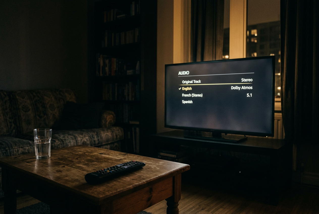 A TV audio menu showing original and English tracks beside a remote on a coffee table.