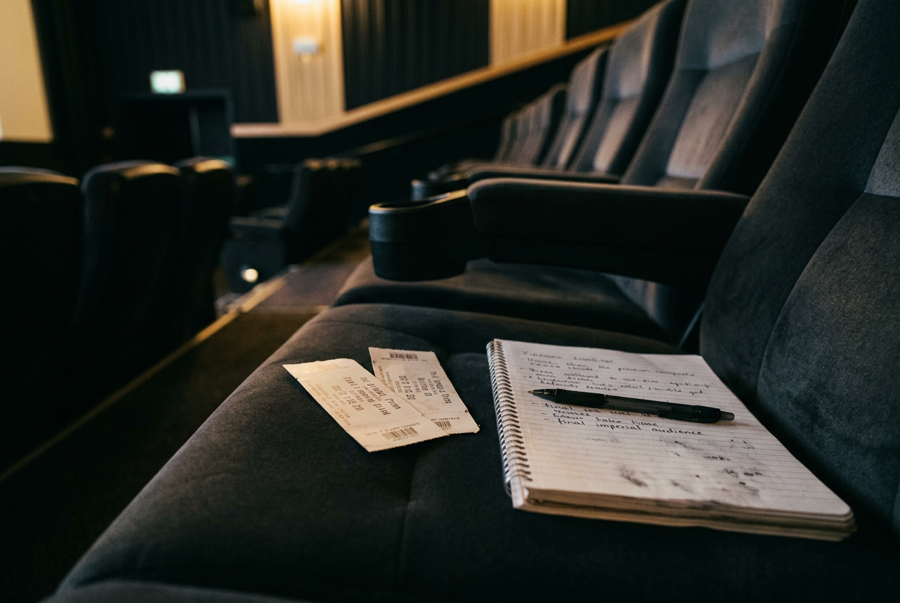 Two cinema tickets on an empty premium-format auditorium seat beside a notebook marked Dune refresher.
