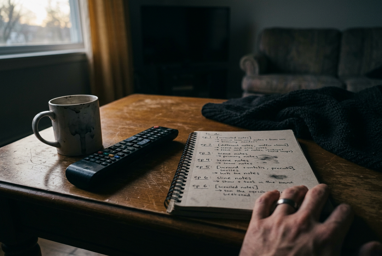 A television remote beside a notebook listing six Stranger Things episodes on a coffee table.