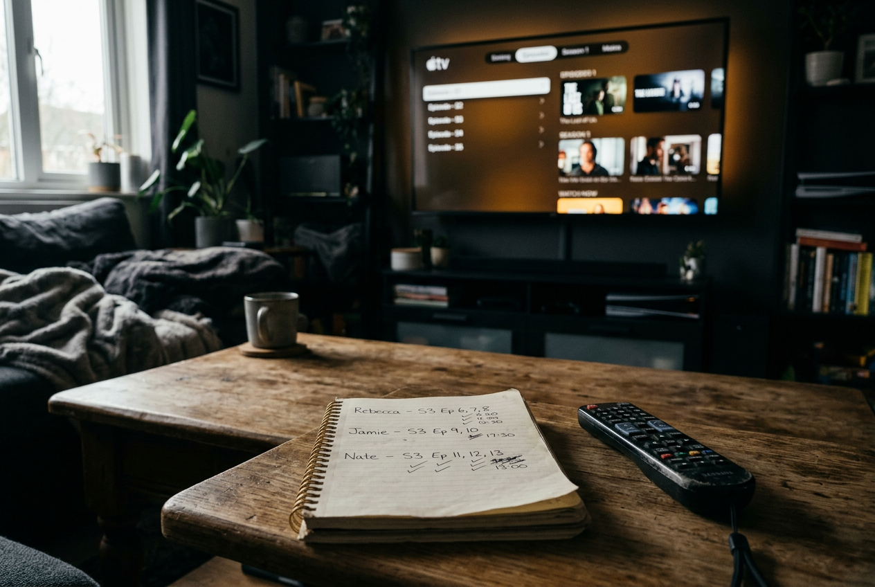 A television paused on a Ted Lasso episode menu beside a remote and handwritten character watch list.