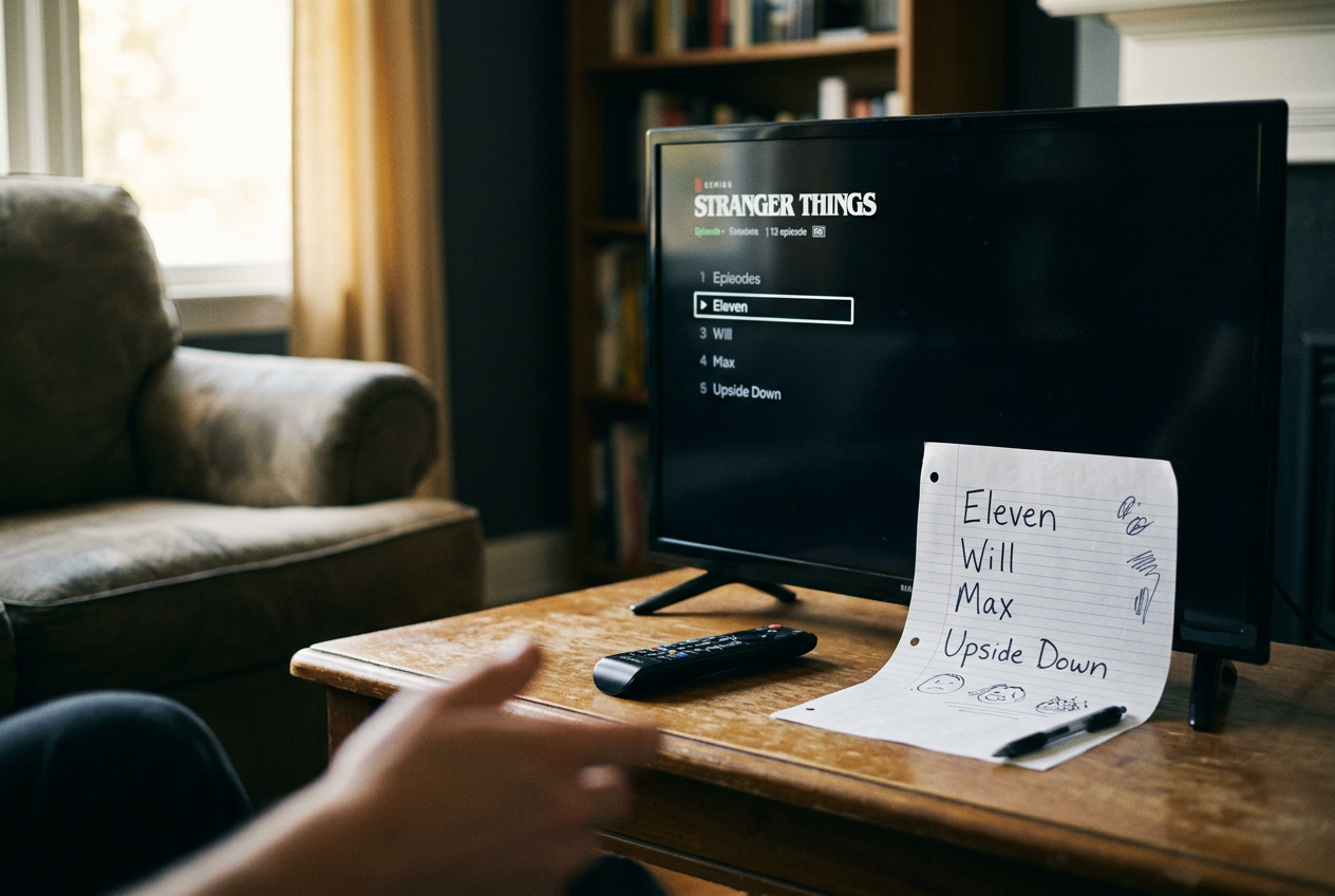 A television paused on the Stranger Things episode menu beside a remote and a handwritten four-route watch list.