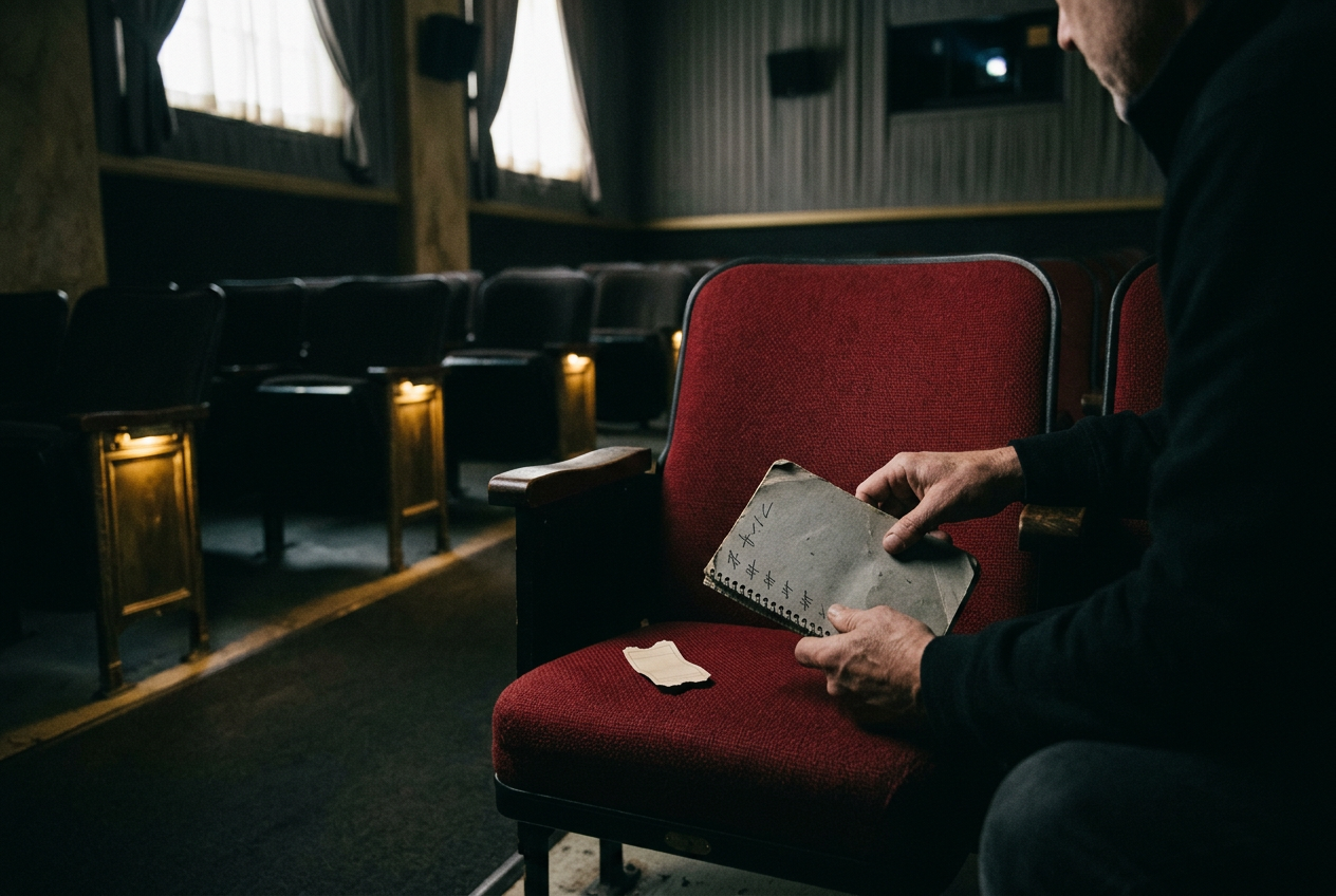 An empty cinema auditorium with a notebook listing seven Wicked rewatch stops beside a ticket.