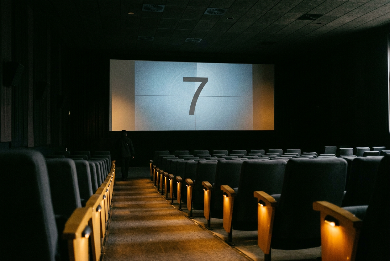 A movie theater screen showing a blank trailer countdown above rows of empty seats.