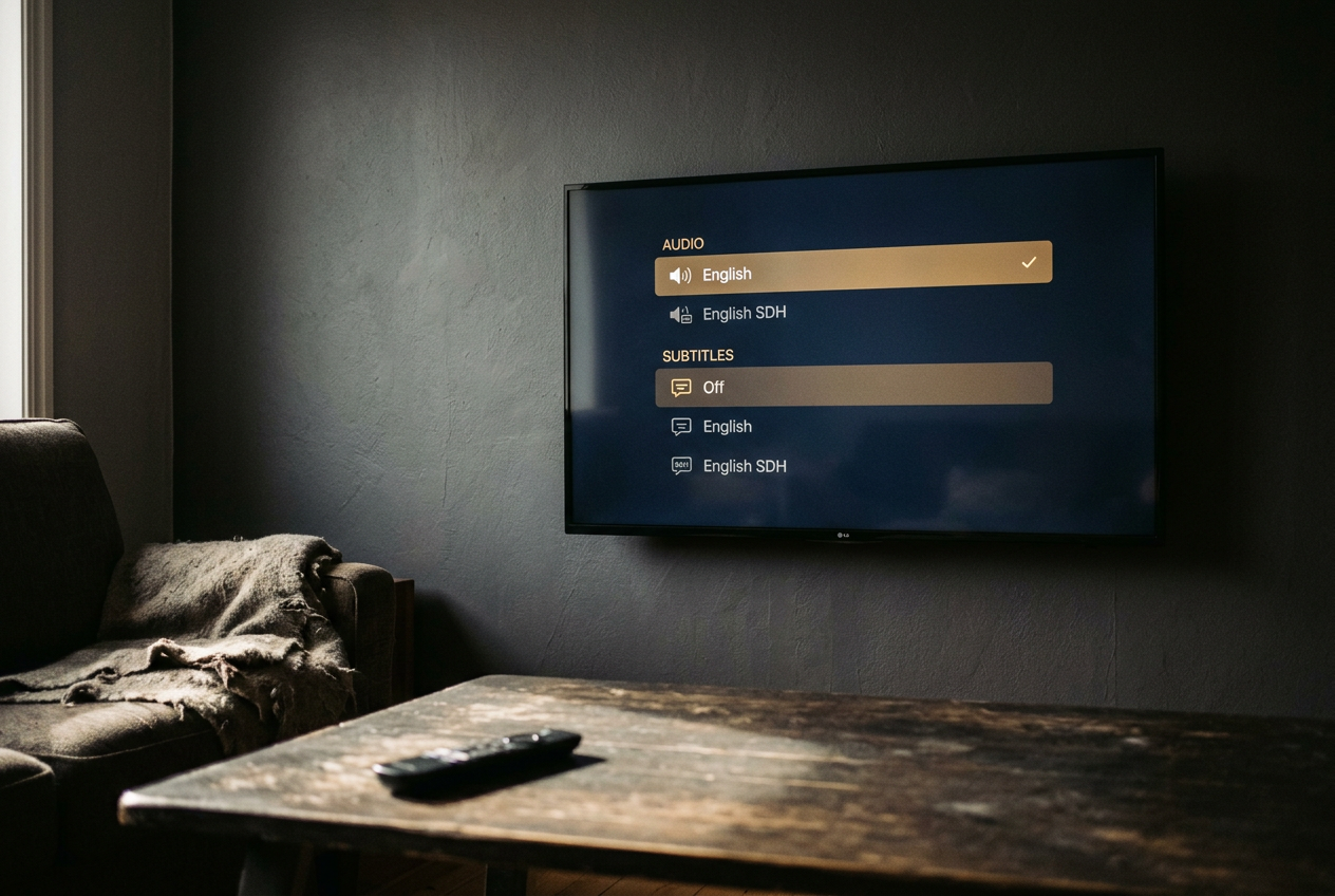 A TV subtitle menu showing separate English and English SDH options beside a remote control.