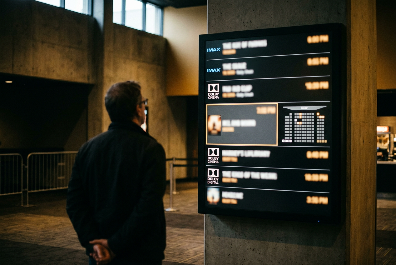 An IMAX, Dolby Cinema and standard showtime board for Spider-Man: Brand New Day in a theater lobby.