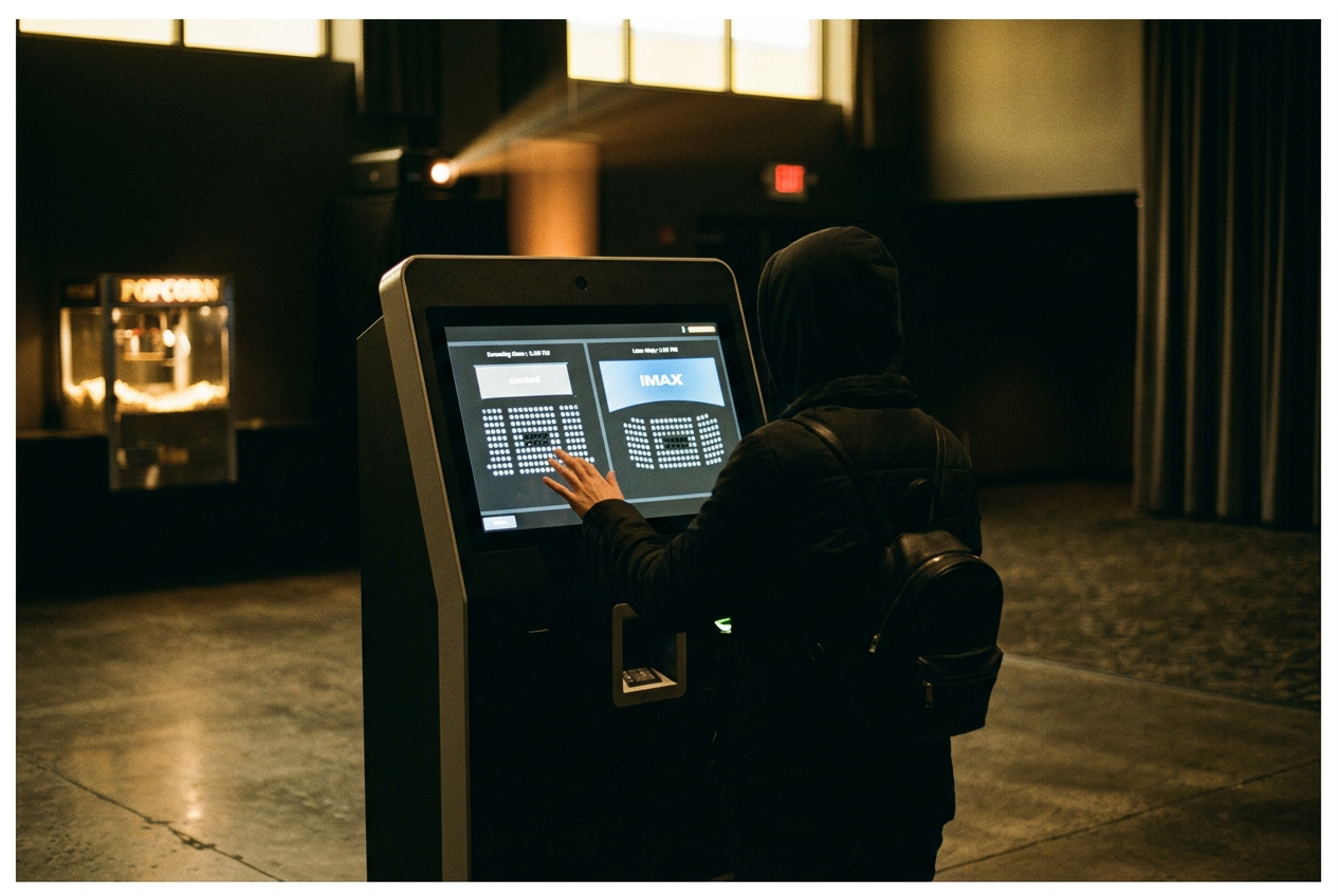 An IMAX and standard-showing selection displayed on a movie theater ticket kiosk.