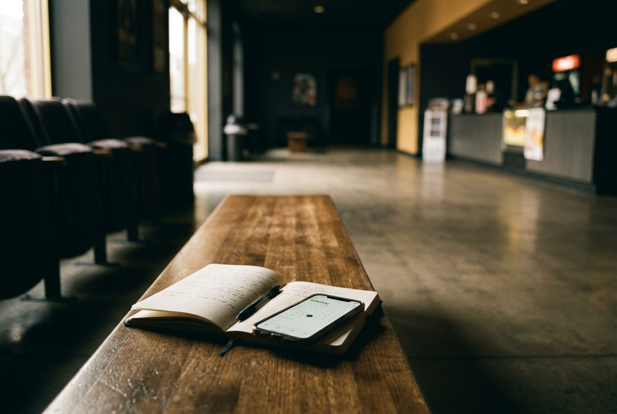A moviegoer holds a phone open to a cinema ticketing screen beside a notebook labeled No Way Home ending.