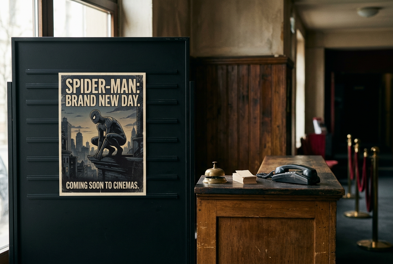 An empty theater ticket counter beside a coming-soon board for Spider-Man: Brand New Day.