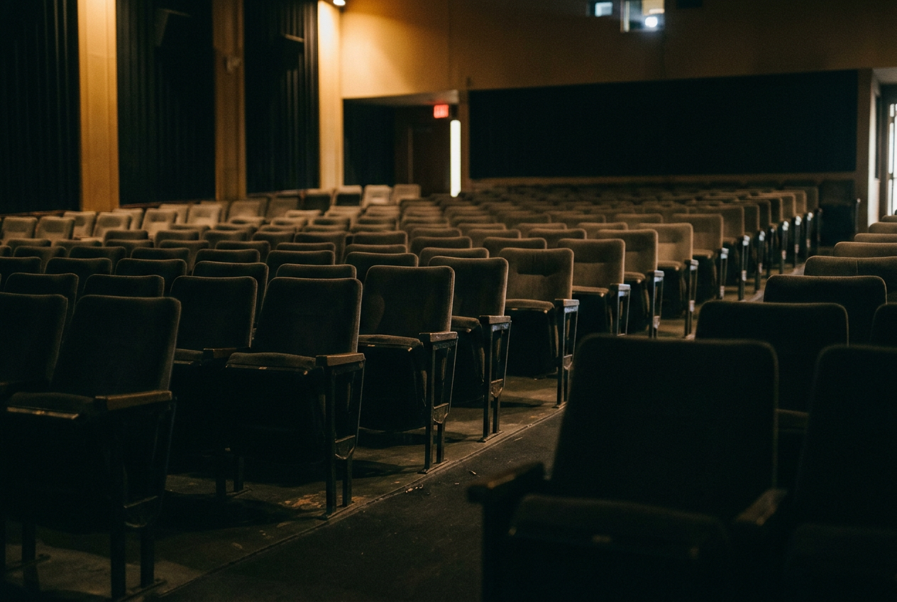 An empty standard cinema auditorium awaiting the release of Spider-Man: Brand New Day.