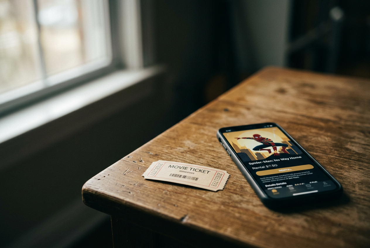 A standard movie ticket beside a phone displaying a Spider-Man: No Way Home rental page.
