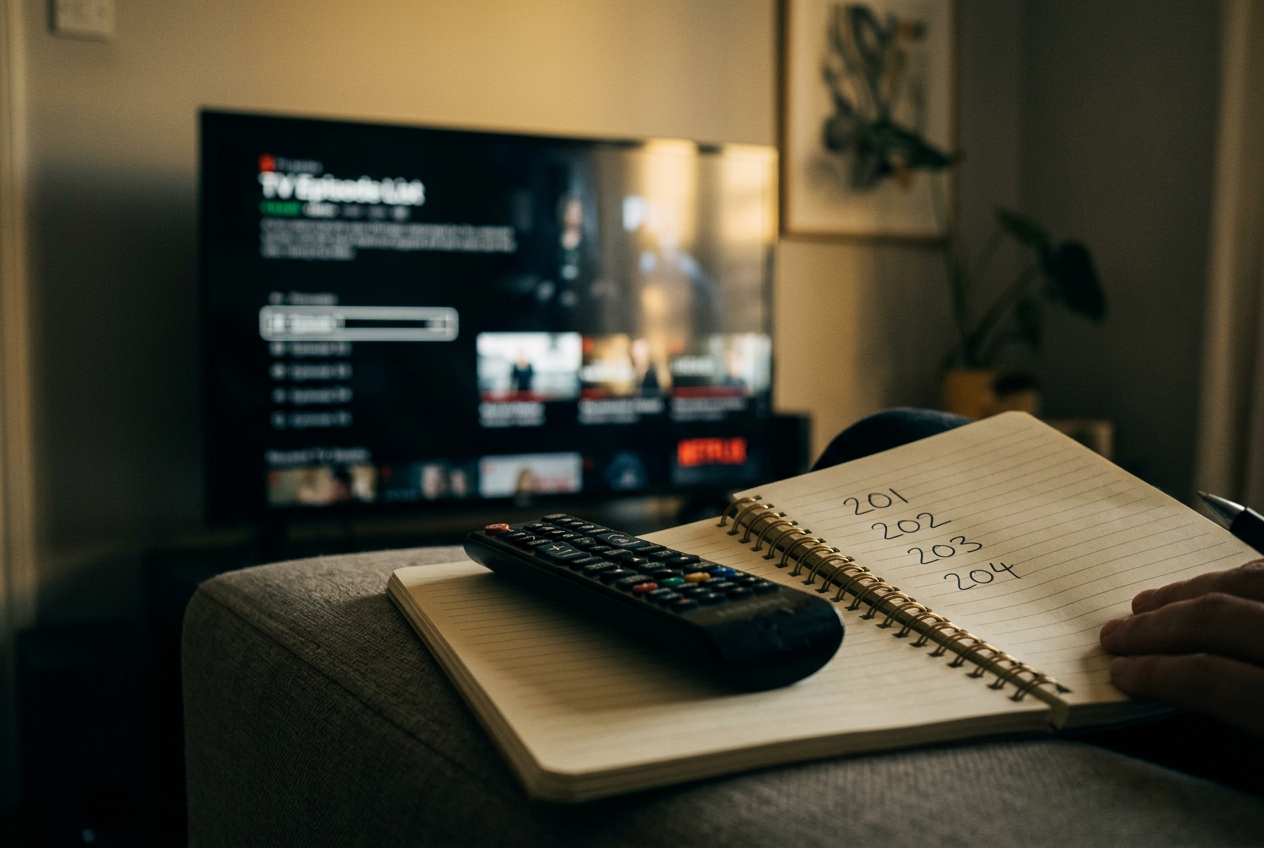 A television paused on the Squid Game episode menu beside a remote and a notebook listing four season-two episodes.