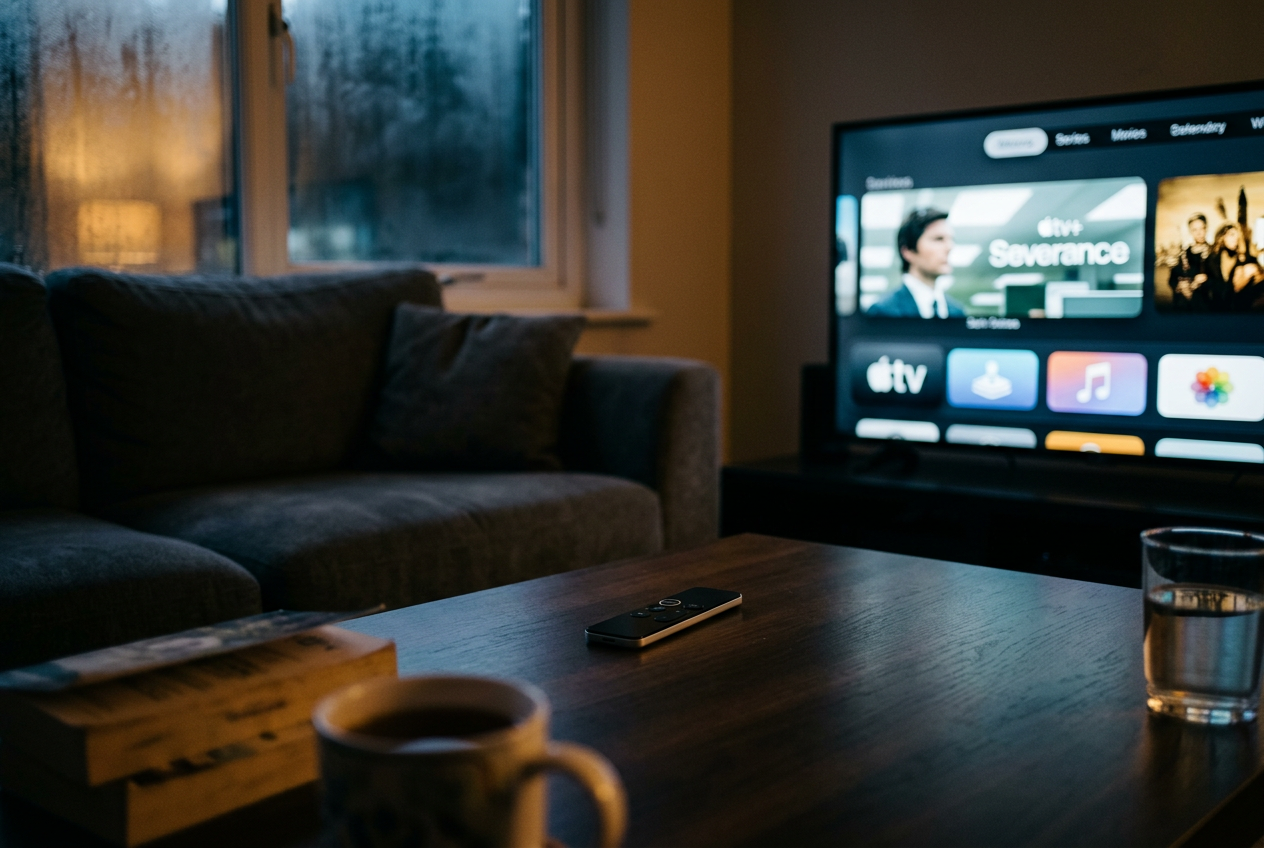 A television displaying the Apple TV+ menu beside a remote on a coffee table.