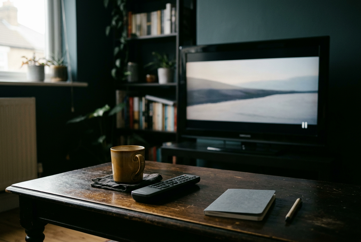 A remote beside a television paused after episode four of The White Lotus season three.