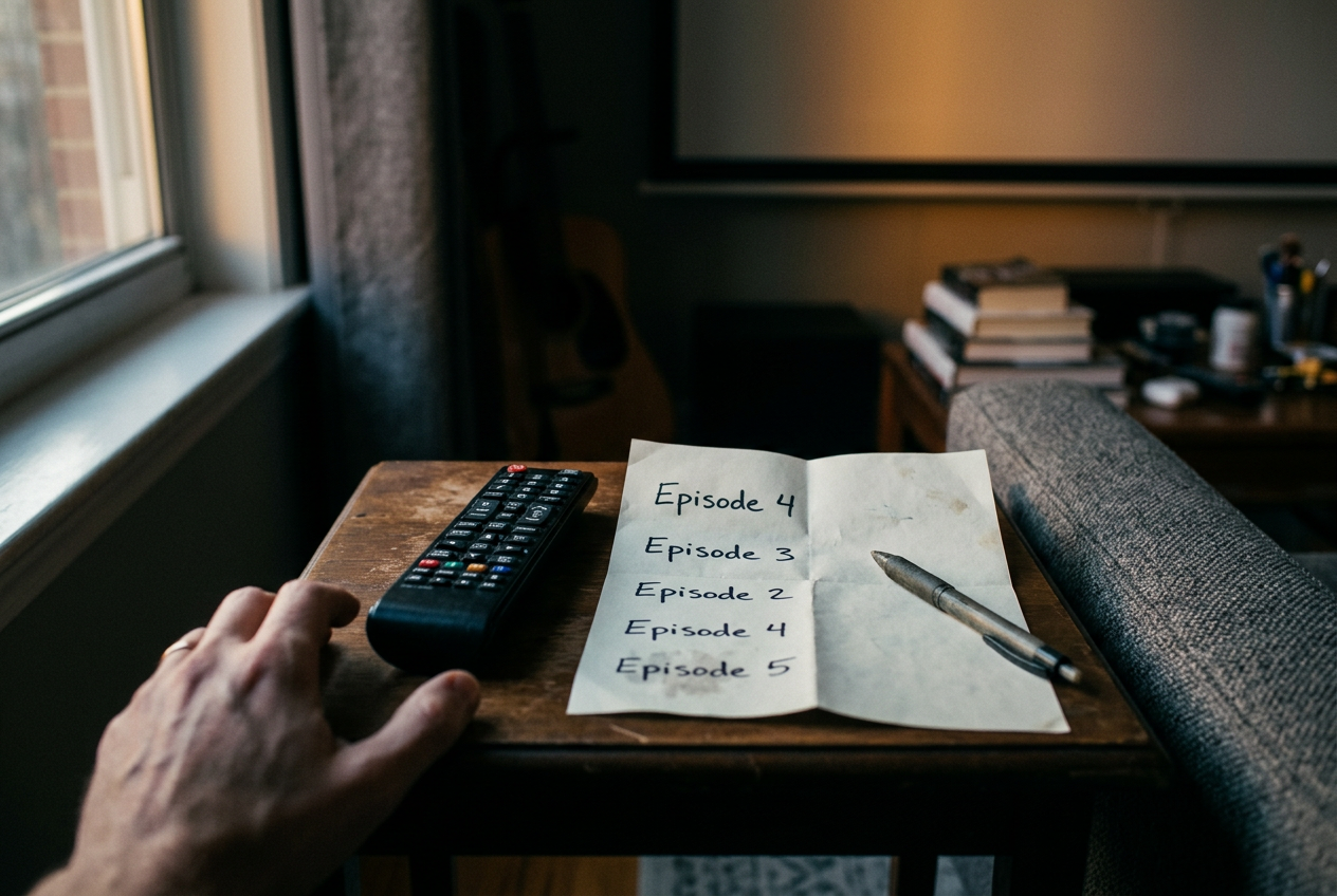 A television paused on the Stranger Things episode menu beside a remote and a handwritten five-session viewing plan.