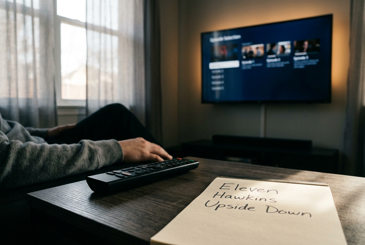 A television paused on the Stranger Things episode menu beside a remote and a handwritten three-path rewatch note.