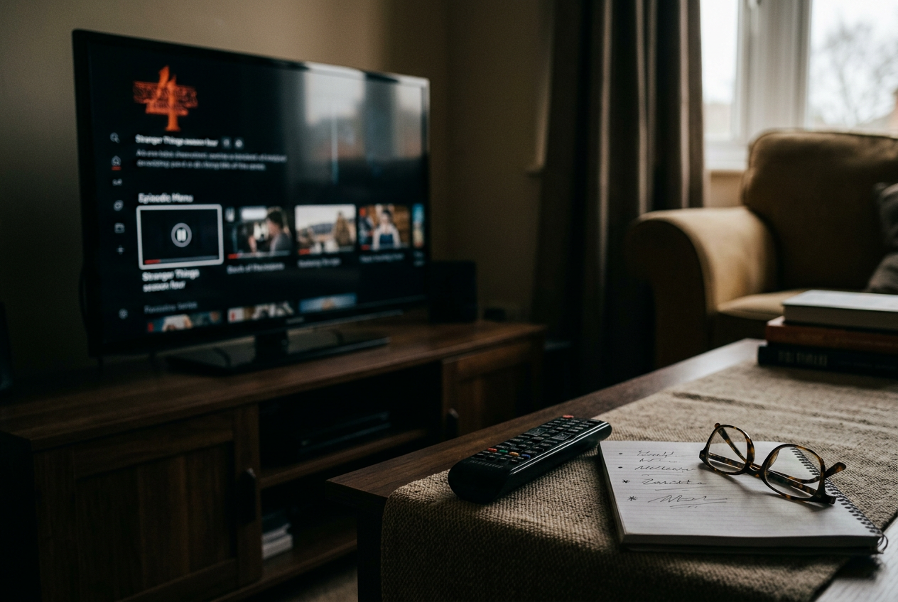 A television showing the Stranger Things episode menu beside a remote and a handwritten rewatch list.