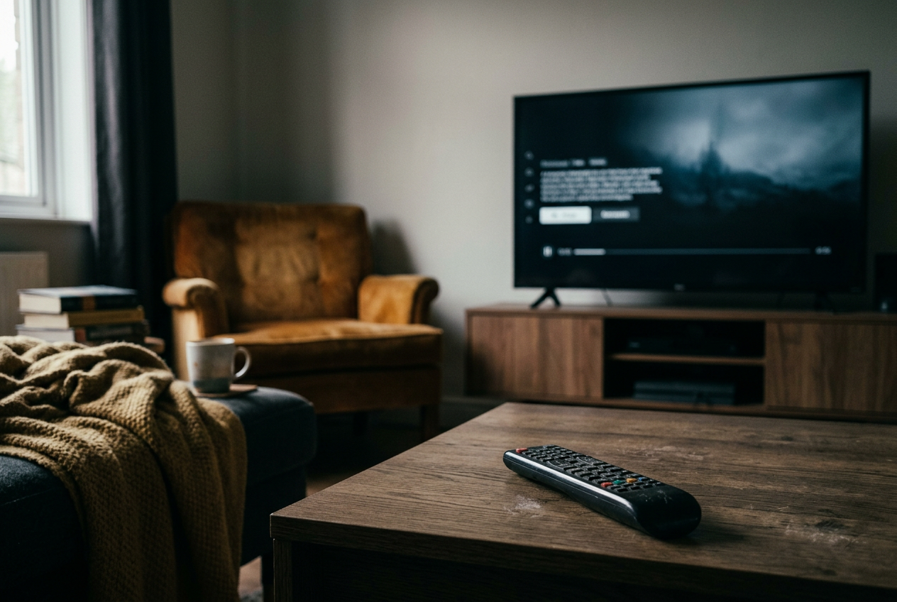 A TV showing a muted streaming preview beside a remote resting on a coffee table.