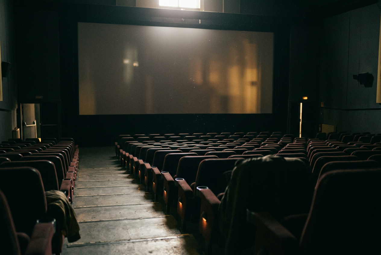 An empty premium-format auditorium with a tall screen viewed from a centered middle-row seat.