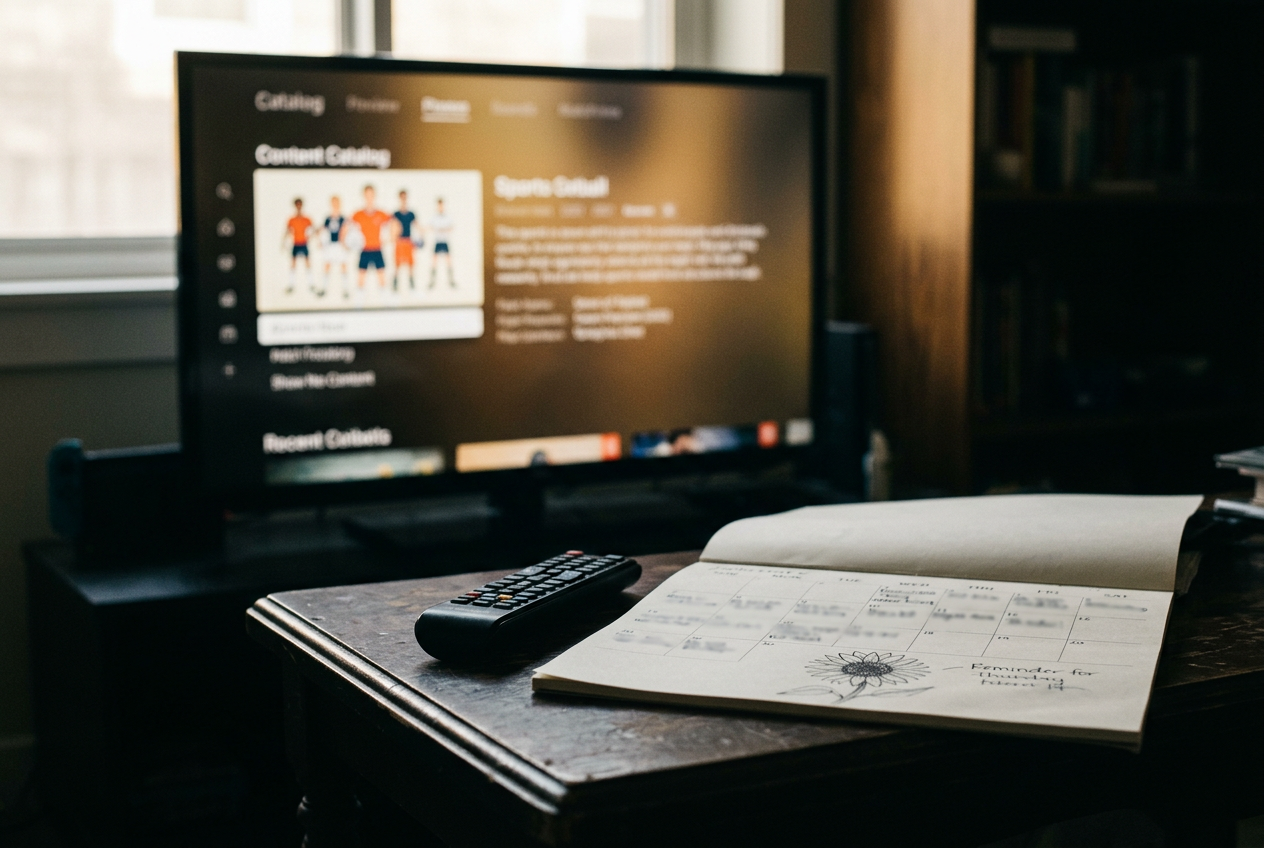A television showing the Ted Lasso episode catalog beside a remote and a handwritten four-week viewing plan.
