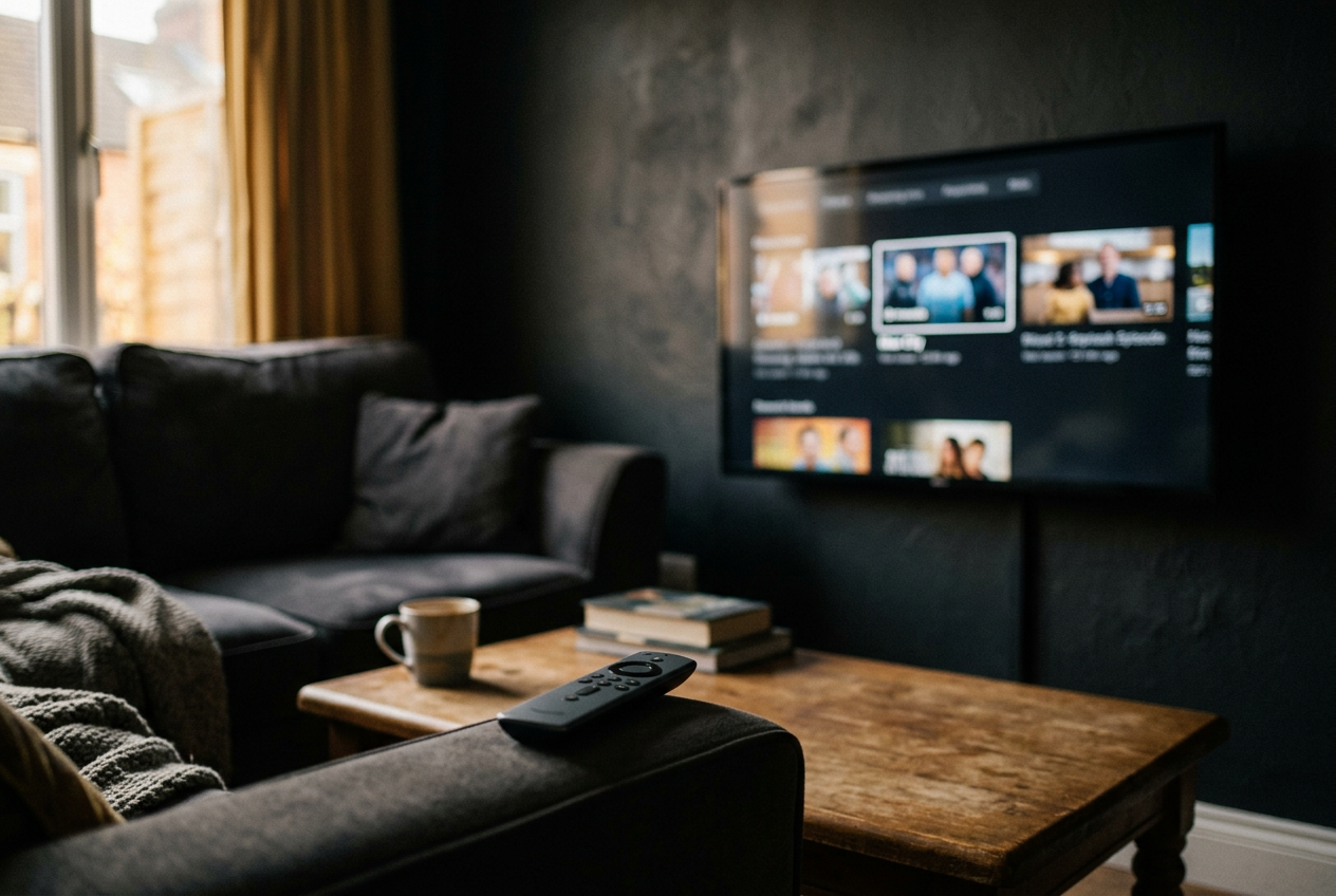 A remote beside a television showing the Ted Lasso episode grid, with later thumbnails out of focus.
