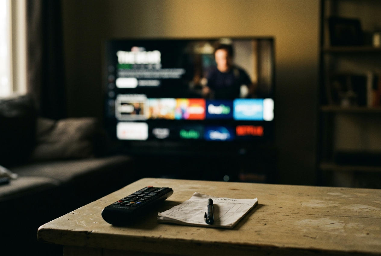A television remote beside a restaurant order pad and a streaming screen paused on The Bear season four.