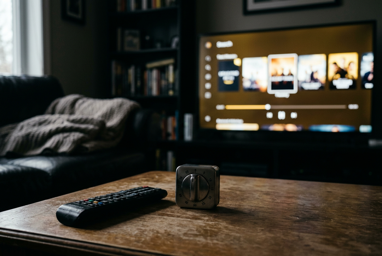 A television paused on a streaming menu beside a remote and a small digital kitchen timer.