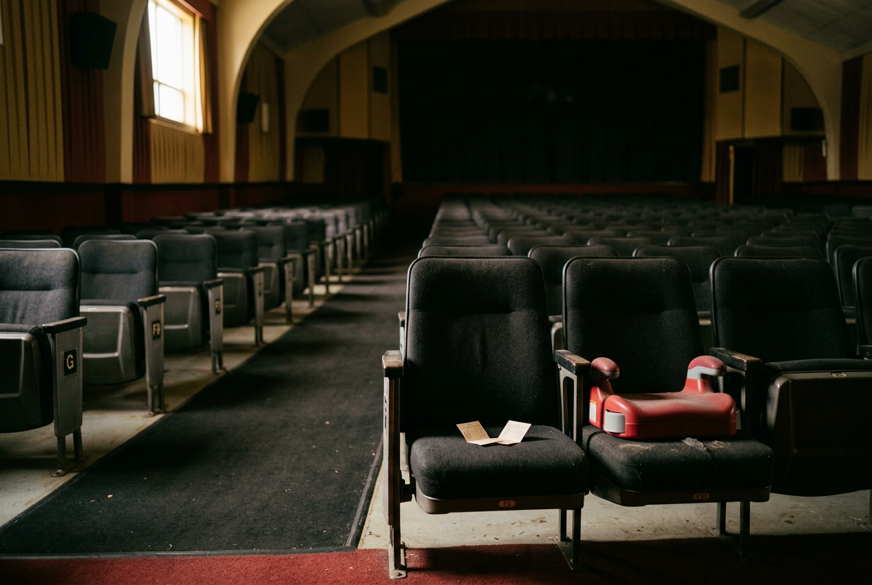 An empty family auditorium with booster seats beside a row of standard cinema seats.