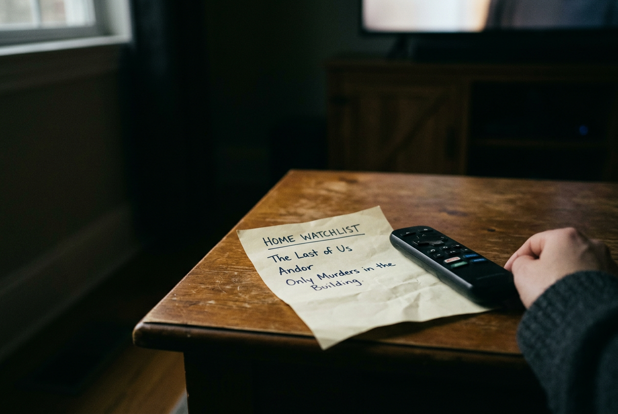A TV displaying streaming profile rows beside a remote and a handwritten list of Disney+, Hulu and HBO Max titles.
