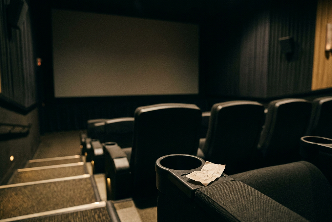 An empty premium-format auditorium with a paper ticket resting on a center seat.