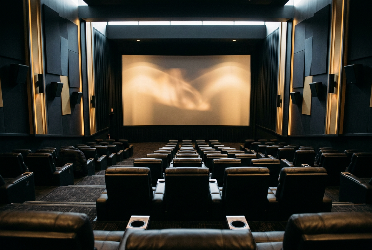 An empty premium cinema auditorium facing a wide screen, with centered seats and low aisle lighting.
