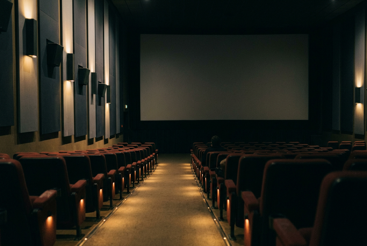 An empty premium cinema auditorium with a wide screen and rows of centrally aligned seats.