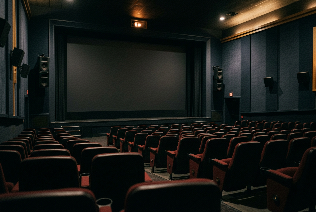 An empty cinema auditorium with a wide screen and center seats lit before a showing