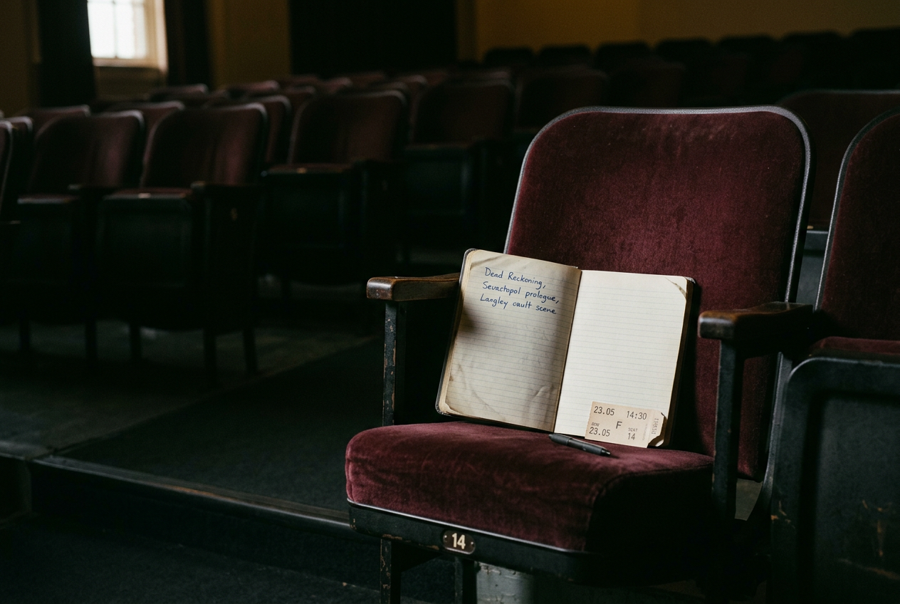 An empty cinema seat beside a ticket and a notebook listing Dead Reckoning and the 1996 Langley scene.
