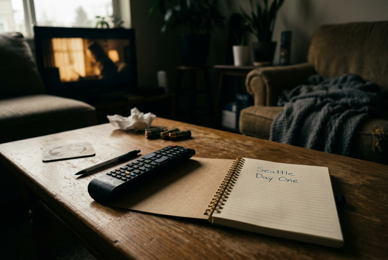A TV remote beside a notebook marked Seattle Day One on a coffee table