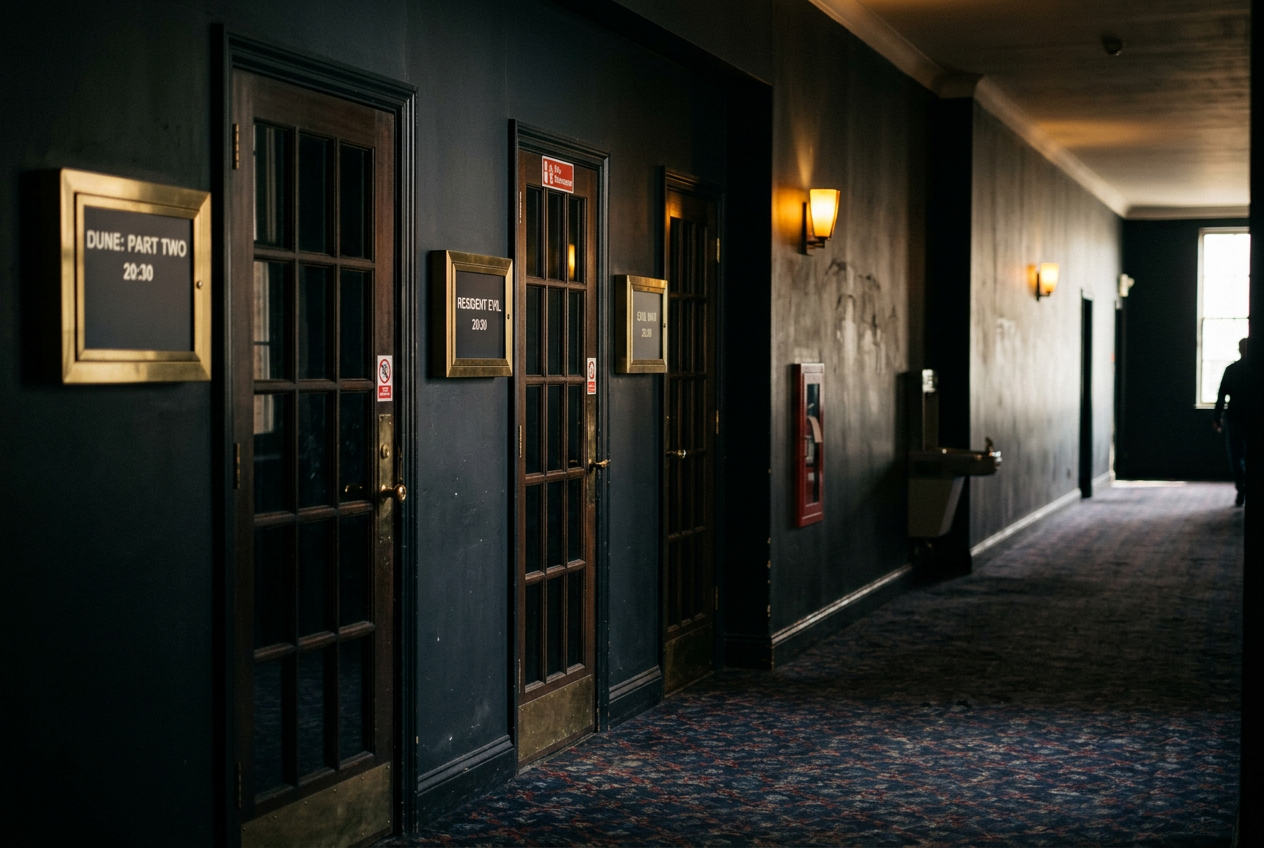 A theater hallway leading toward a dark auditorium, with several closed doors and a Resident Evil showtime display.