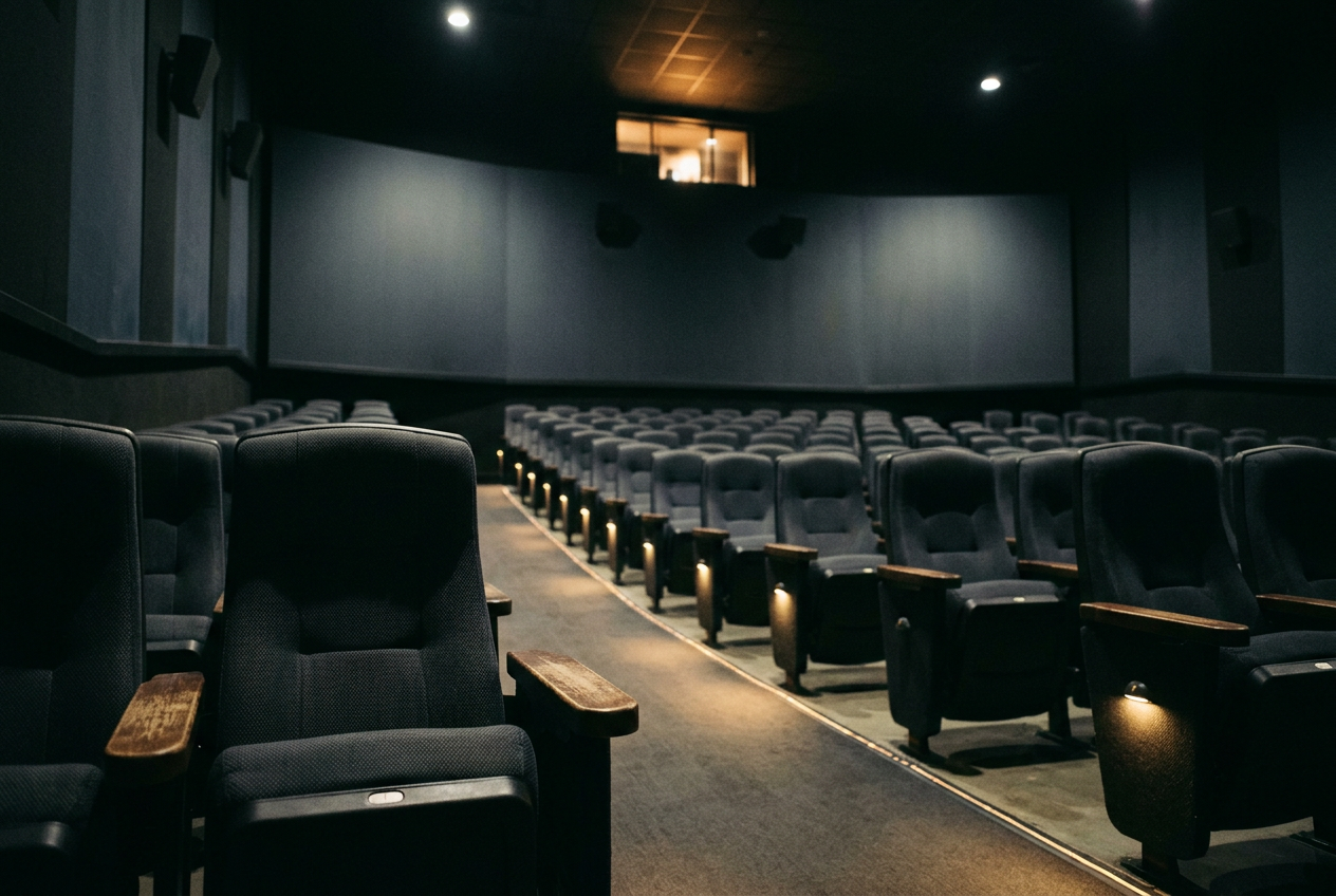 An empty premium-format auditorium viewed from an aisle seat before a long theatrical presentation.