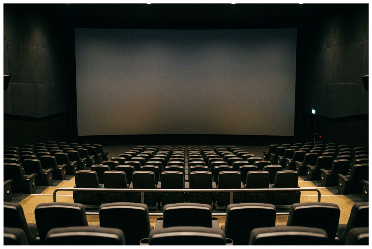 An empty tall-screen IMAX auditorium viewed from centered seats just behind the middle rows.