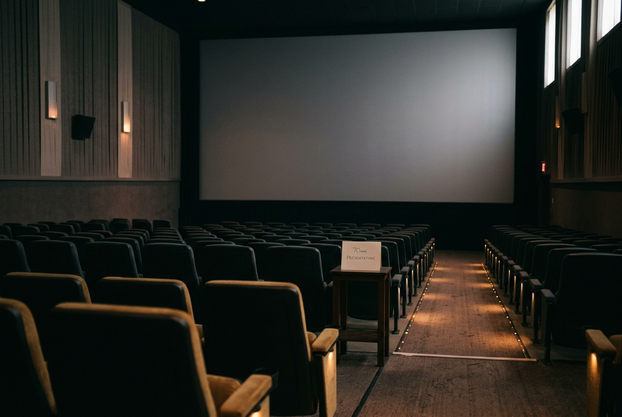 A cinema auditorium with a tall IMAX screen, center seats and a 70mm format notice near the entrance.