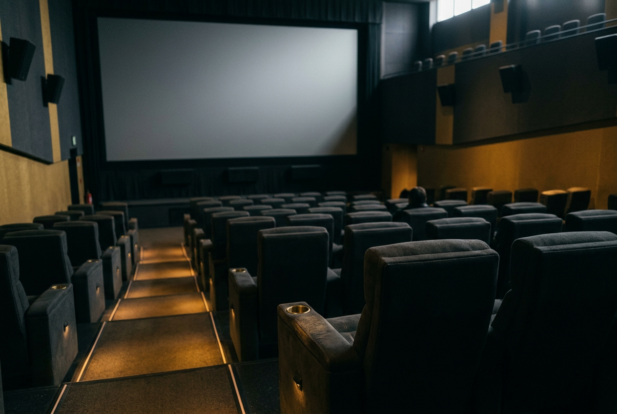 An empty IMAX auditorium with a wide screen and rows of premium seats viewed from the center aisle.