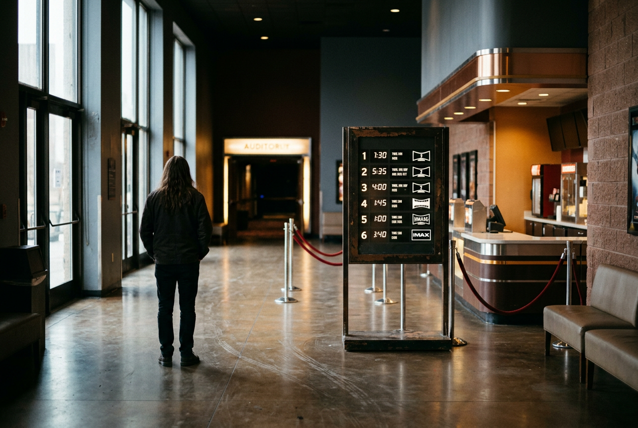 An IMAX auditorium entrance with separate digital and 70mm format information displayed beside the ticket scanners.