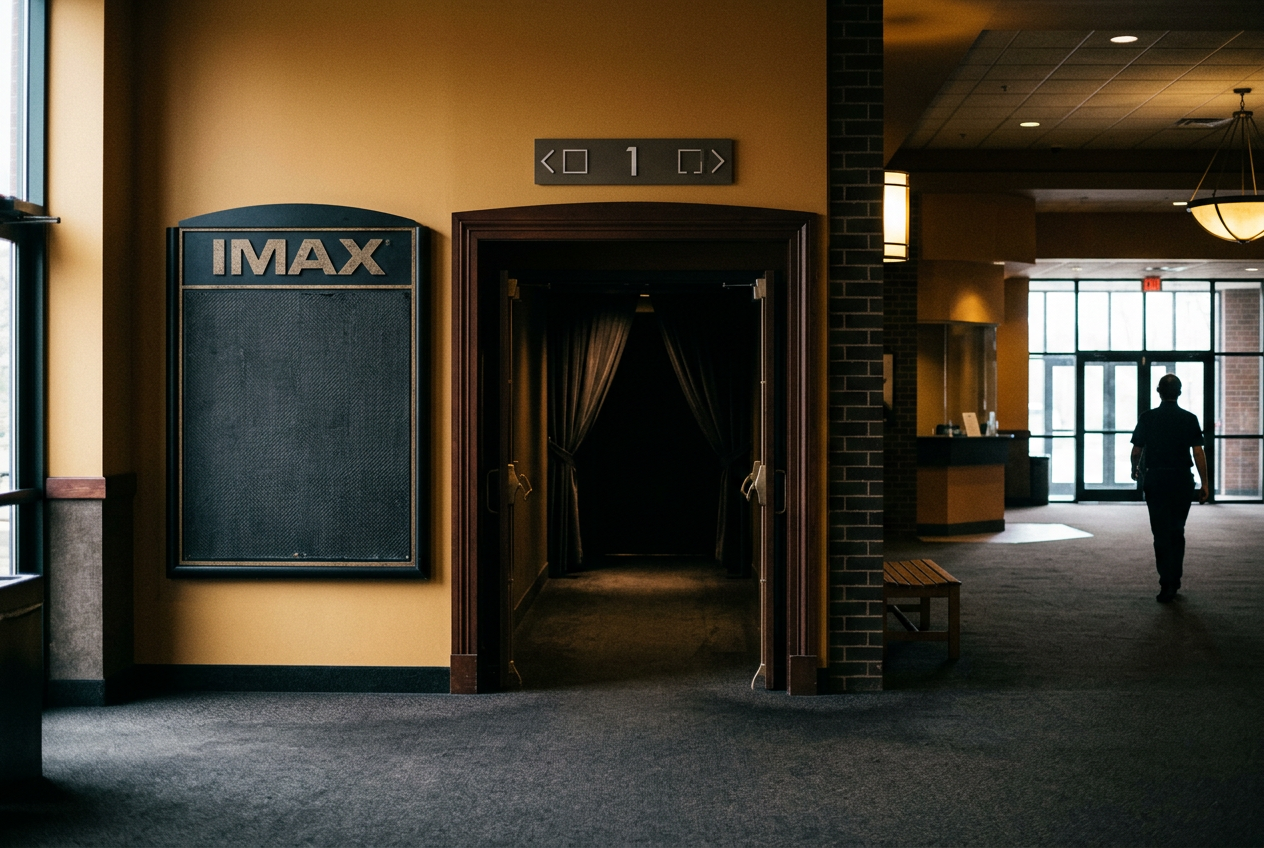 An IMAX auditorium entrance with format signage and an empty ticket-checking lane.