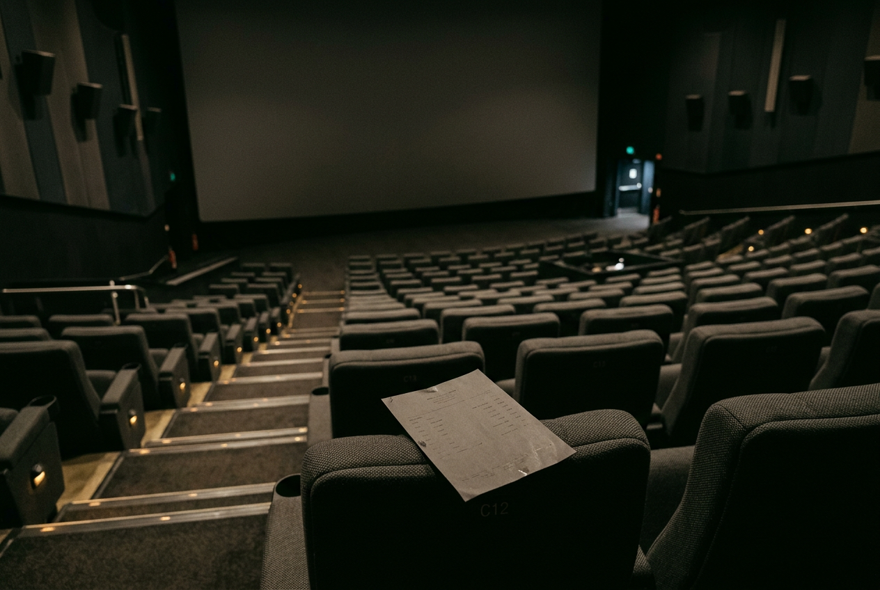 An empty IMAX auditorium before the trailer program, with a large blank screen above the seats.